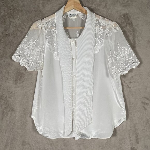 Vintage Floral Embroidered Satin Blouse Tie Neck Feminine Romantic Coquette USA - Picture 3 of 14